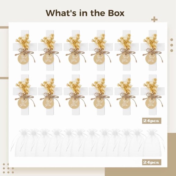 12/24 Sets White Cross Baptism Favors Set, Wooden Cross Magnets with Dried Flowers & Organza Bags, Ideal for First Communion, Religious Gatherings, and Showers, Christian Party Favors & Gifts