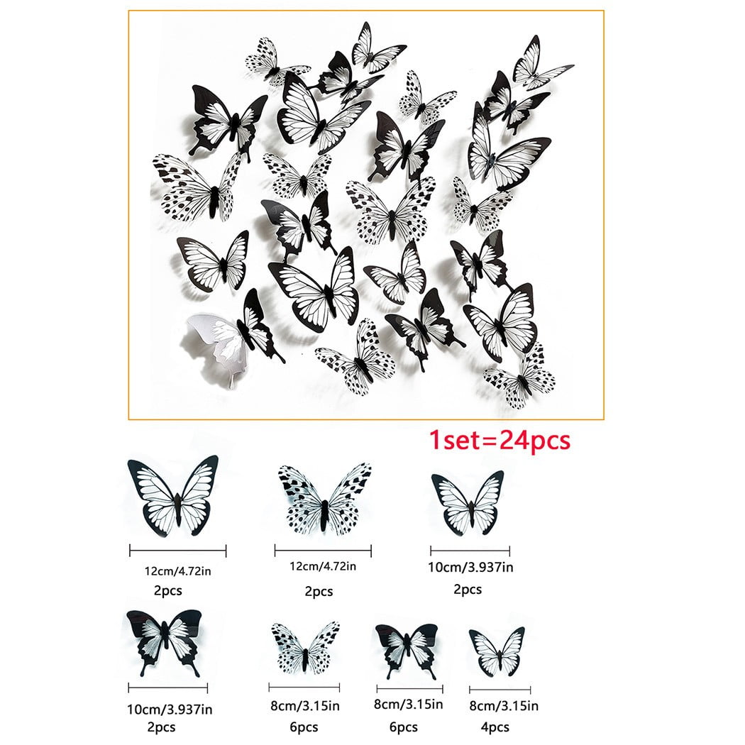 12/24 x 3D Butterfly Wall Stickers Black And White Home Room Decoration