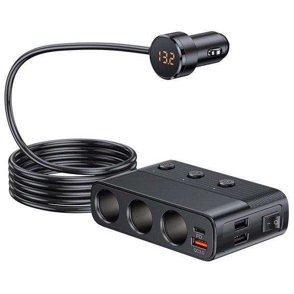 12/24V Independent Switch 128W Car Cigarette Lighter Socket Splitter 7 Ports QC3.0 18W PD 30W Fast Charger High Power USB Charging Adapter For Phone GPS, Dash Cam, Vacuum Cleaner, Car Refrigerator