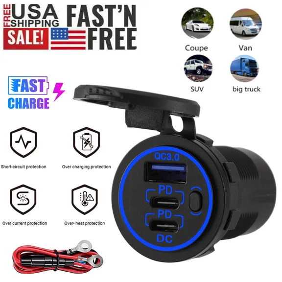 12-24V Usb C 3 Port Fast Car Charger Pd & Qc3.0 Outlet Socket For Boat Rv Marine