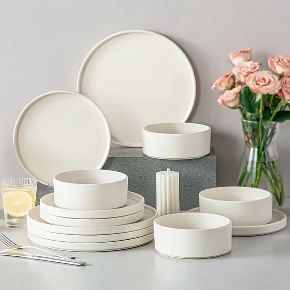 12/24pcs Modern White Porcelain Dinnerware Set | Microwave, Dishwasher & Oven Safe | Plates & Bowls for Steak, Pasta & Salad | Valentine's Day Gift