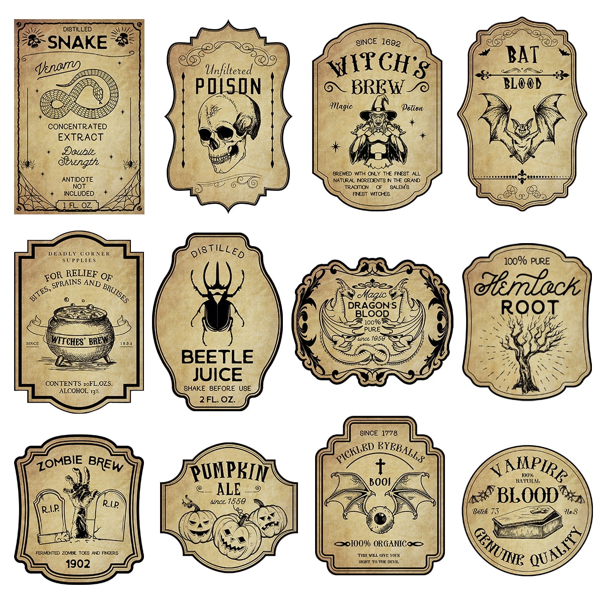 12/24pcs Retro Halloween Wine Labels Witch Bottle Stickers Horror Gothic Vintage Potion Labels Decals Halloween Decoration 2024