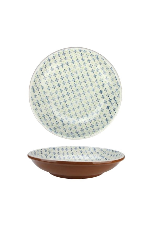 12.25" French Countryside Decorative Green and Blue Flower Round Terracotta Bowl