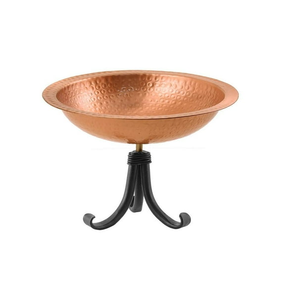 12.25 In. Dia Satin Copper Hammered Birdbath With Tripod Stand