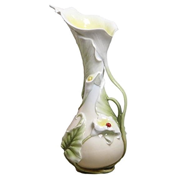 12.25 Inch Porcelain Vase Slender with Bulb Base Calla Lily Ladybug