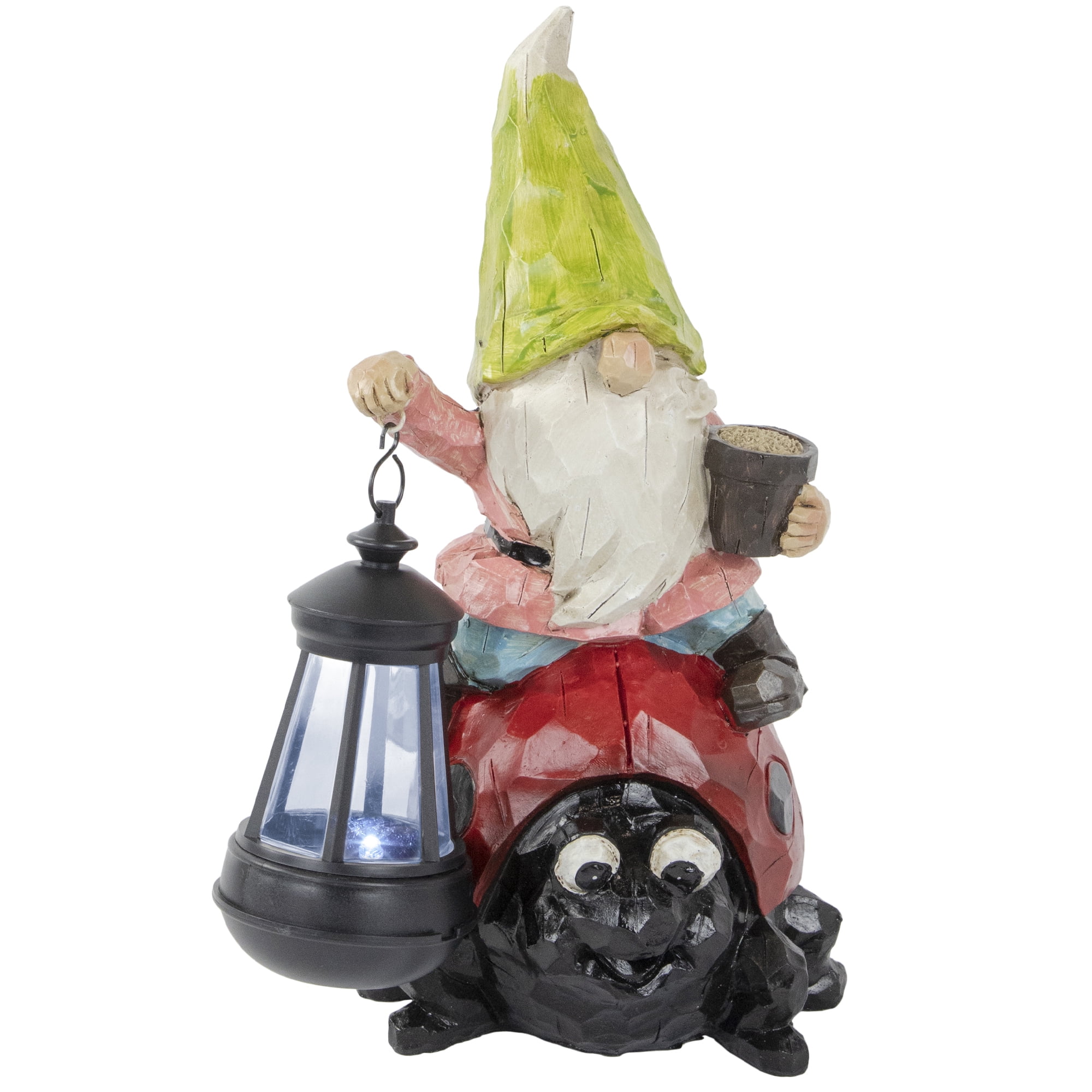 12.25" Solar LED Lighted Gnome and Ladybug Garden Statue