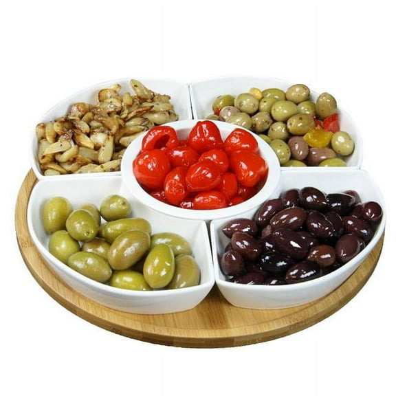 12.25 in. Lazy Susan Appetizer & Condiment Server Set with 5 Serving Dishes & A Bamboo Lazy Suzan Serving Tray -6 Piece