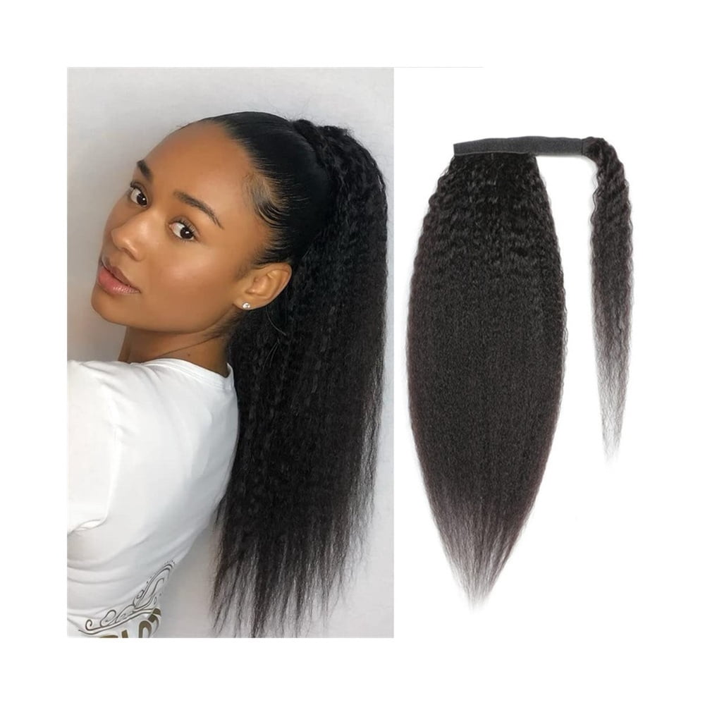 12"-26" Long Yaki Straight Ponytail Wrap Around Ponytail Hairpiece Clip in Brazilian Remy Hair Kinky Straight Ponytail Hair Extension for Black Women