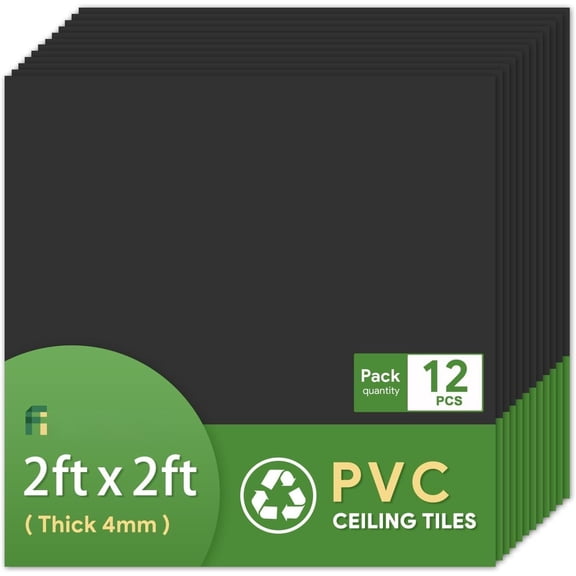 12 2ft x 2ft Black Drop Ceiling Tiles High-Grade PVC Ceiling Tiles 2x2 Fire-Rated - Easy Drop-in Installation(48 sq.ft.)