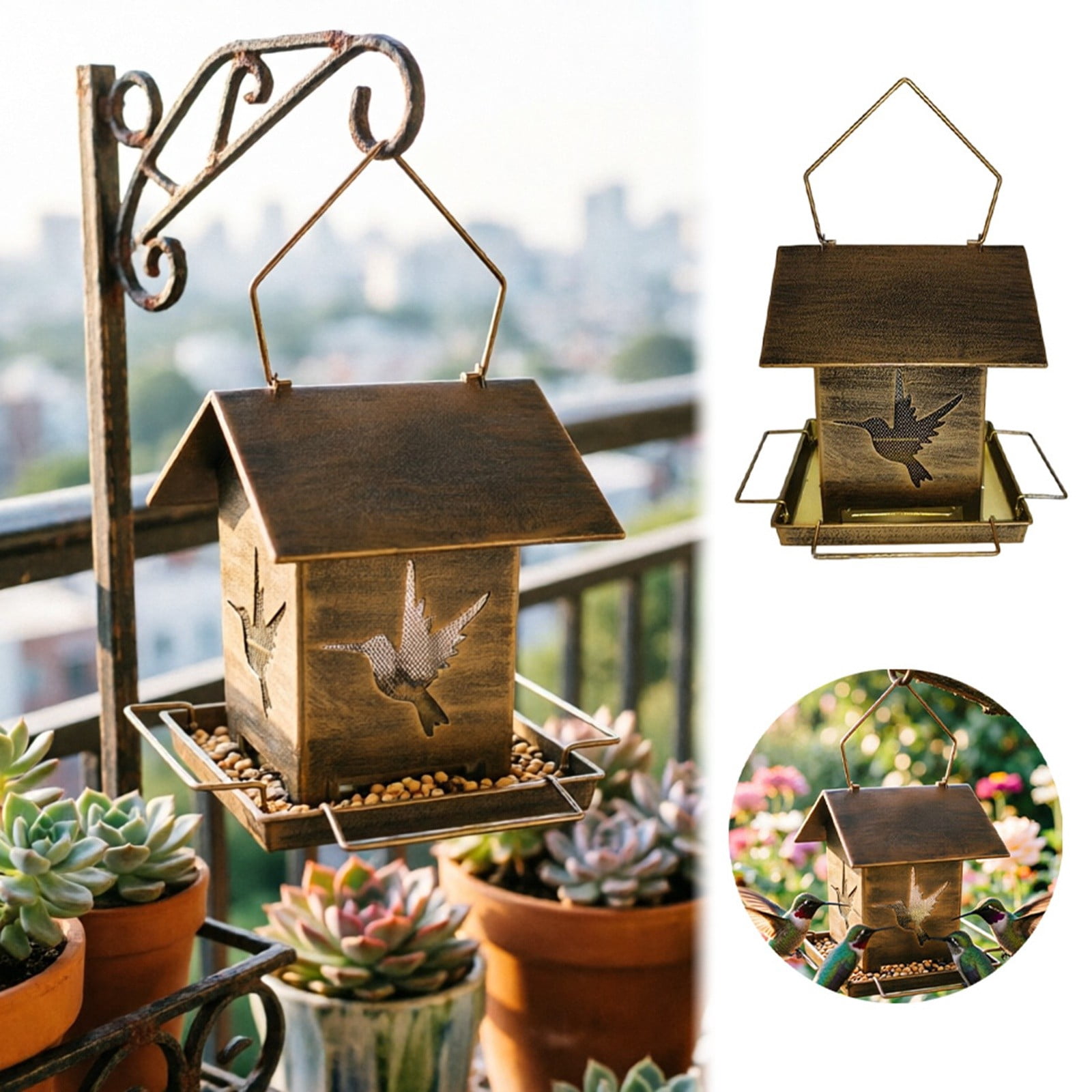 12.2in Antique Bronze Hummingbird Feeder, Metal Hanging Wild Bird Feeder, Large Capacity Weatherproof Outdoor Garden Decor