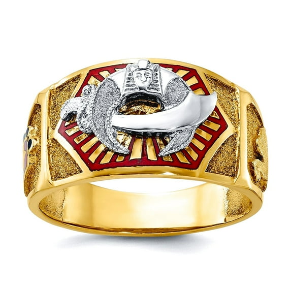 12.2mm 10k Solid Gold Two-tone Mens Polished and Textured With Multi-color Enamel Masonic Shriners Ring Size 10.00 Ring