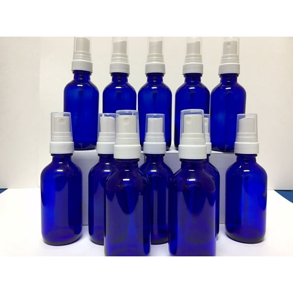 12 - 2oz Cobalt Blue Boston Round Glass Spray Bottle WHITE Fine Mist Sprayer