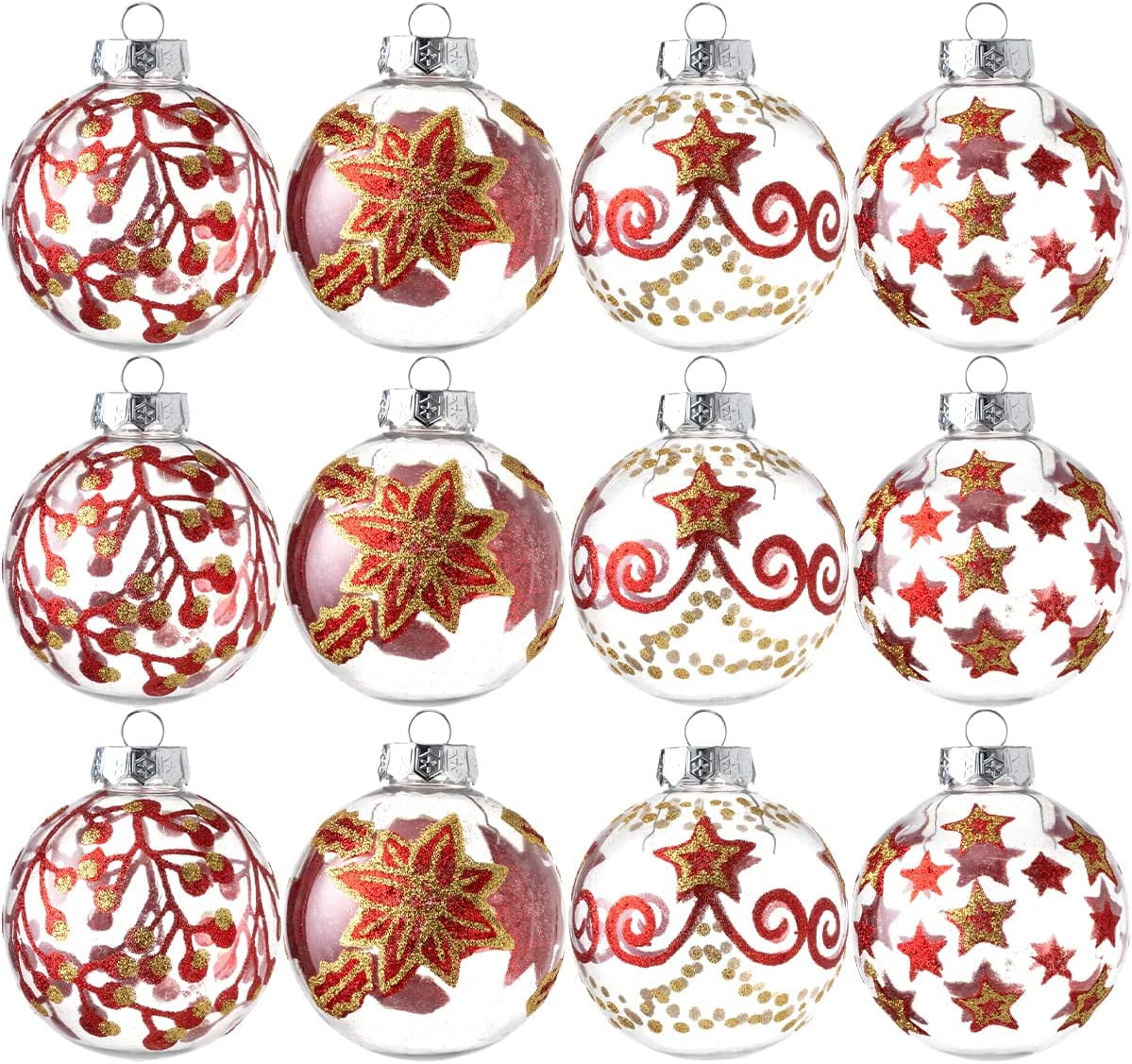 12 3.15'' Assorted Christmas Clear Ornaments With Red And Prints