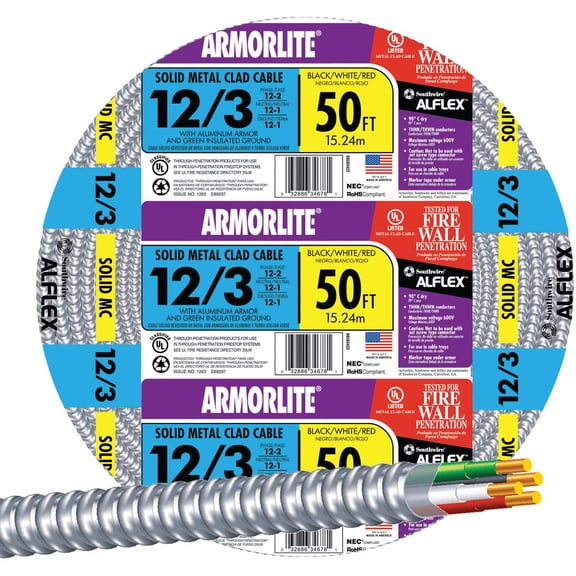 12/3 Aluminum Armored Cable Electrical Wire - Single Pack