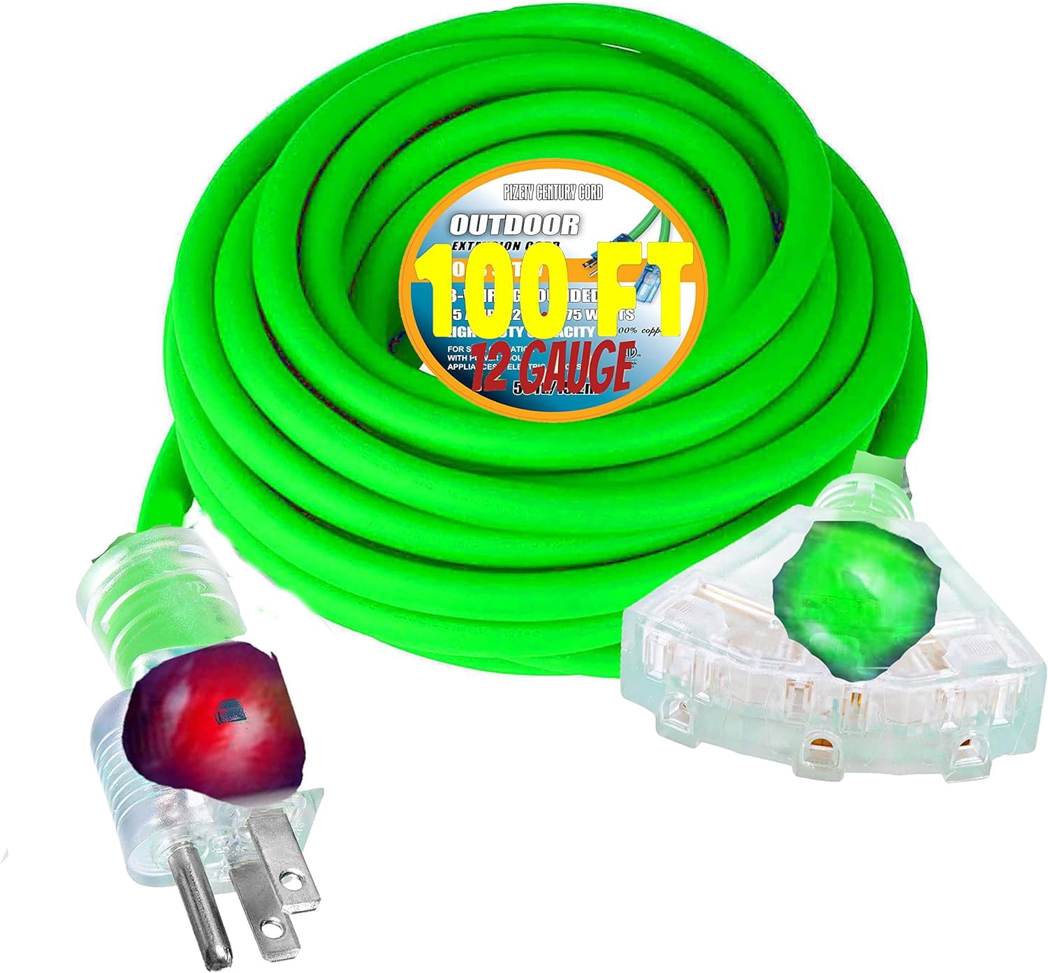 12/3 Extension Cord 100 ft Outdoor Indoor Heavy Duty 100 ft Extension Cord 12/3 12 Gauge Extension Cord 3 Outlet Lighted 15 Amp 1875 Watts Triple Outlet 12 Gauge Extension Cord 100 ft Copper