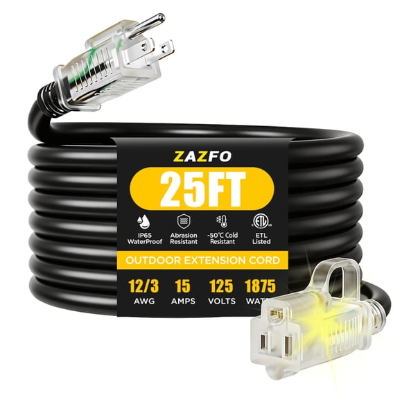 12/3 Gauge Heavy Duty 25ft Outdoor Extension Cord, Waterproof with LED Lighted End,black,Waterproof,ETL,flexible