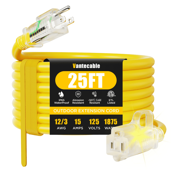 12/3 Gauge Heavy Duty 25ft Outdoor Extension Cord, Waterproof with LED Lighted End,yellow,Waterproof,ETL,flexible
