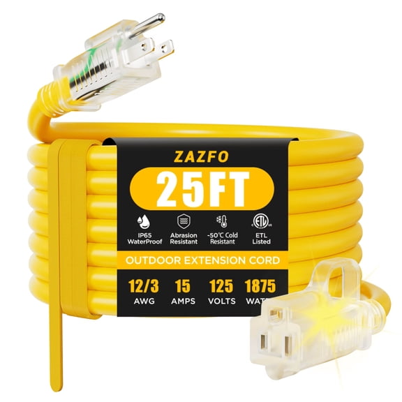 12 gauge Heavy Duty 25ft Outdoor Extension Cord, Waterproof with LED Lighted End,yellow,Waterproof,ETL,flexible