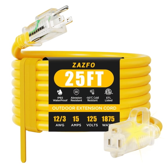 12 gauge Heavy Duty 25ft Outdoor Extension Cord, Waterproof with LED Lighted End,yellow,Waterproof,ETL,flexible