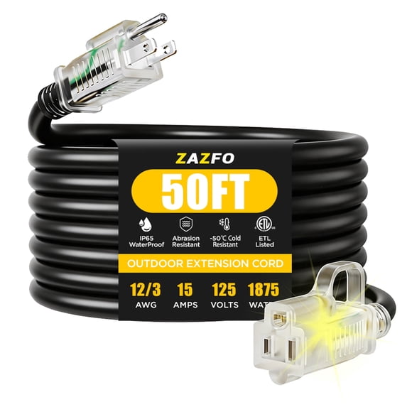 12 gauge Heavy Duty 50ft Outdoor Extension Cord, Waterproof with LED Lighted End,black,Waterproof,ETL,flexible