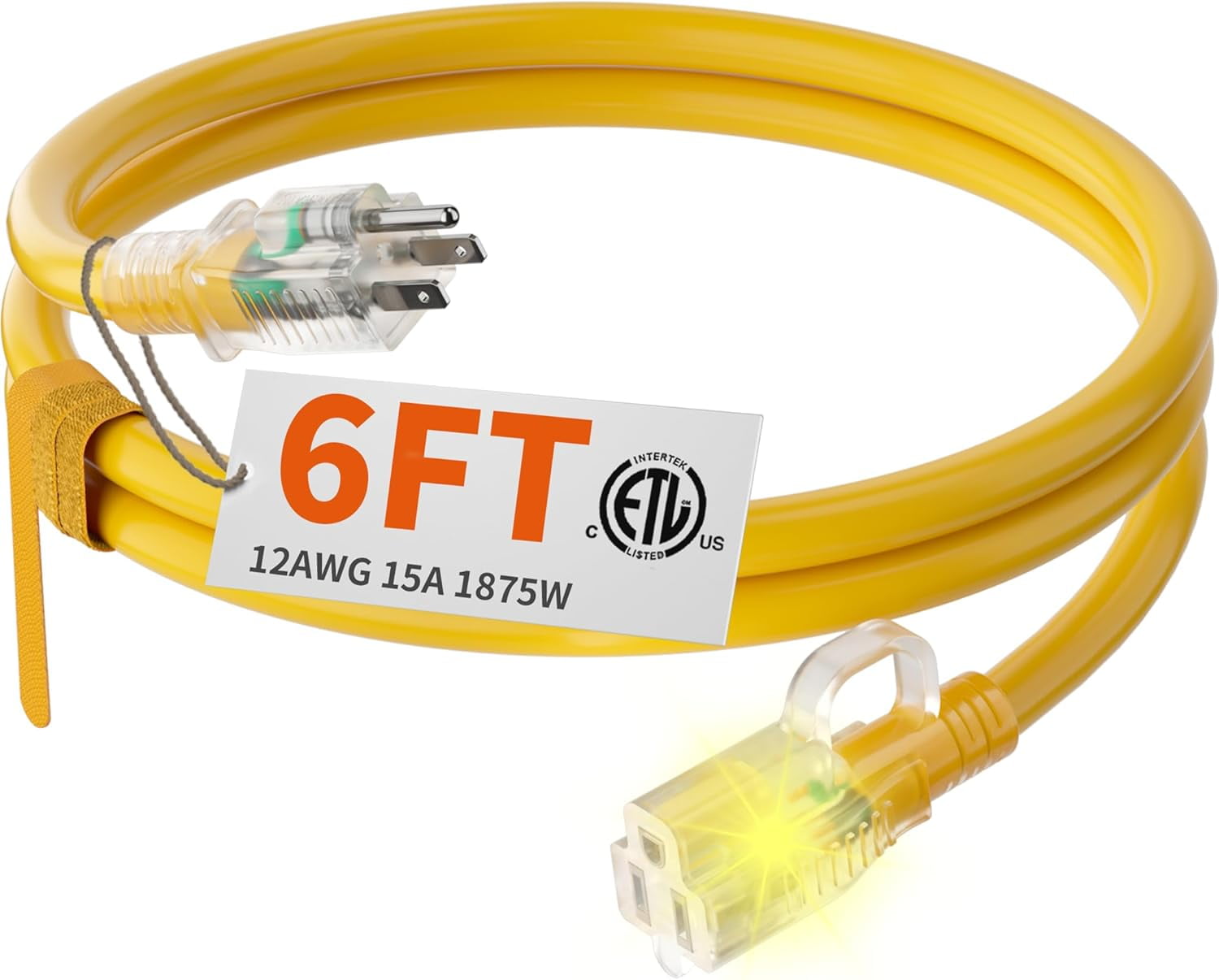 12/3 Gauge Heavy Duty Outdoor Extension Cord 6 ft Waterproof with Lighted end, Flexible Cold-Resistant 3 Prong Electric Cord Outside, 15Amp 1875W 12AWG SJTW, Yellow, ETL