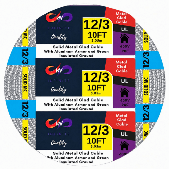 12/3 Metal Clad MC Cable with Ground - 12 AWG 3-Conductor Aluminum Armored Wire with Ground - 10 ft