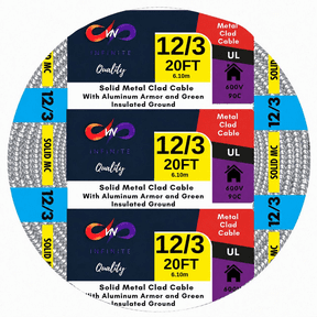 12/3 Metal Clad MC Cable with Ground - 12 AWG 3-Conductor Aluminum Armored Wire with Ground - 20 ft