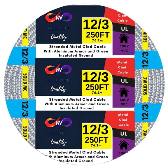 12/3 Solid Metal Clad - Cable with Ground Wire - MC Aluminium Armor and Stranded Copper Conductor (250 Ft)