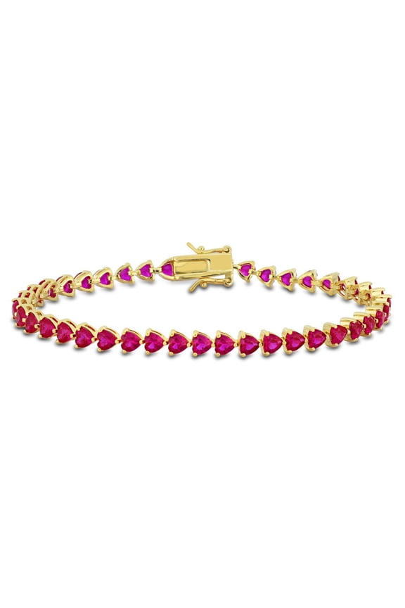 12.30 Carat (Ctw) Lab-Created Ruby Heart-Cut Tennis Bracelet in Yellow Sterling Silver (7.5 inches) for Women
