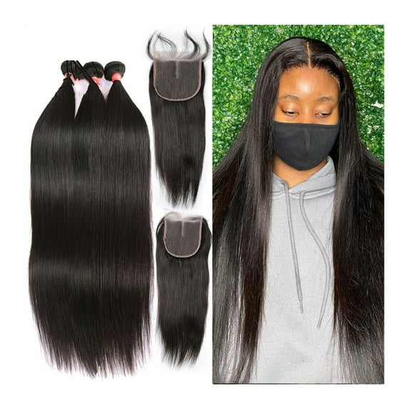 12-32 Inch Bone Straight Bundles with 4x4 Lace Frontal Brazilian Hair Weave Bundles with Closure Human Hair Bundles and Lace Closure