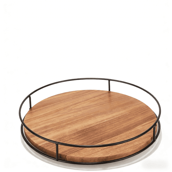 12" Acacia Wood Lazy Susan Turntable, Kitchen Organizer Turntable with Steel Sides, 360 Degree Lazy Susan for Countertop Cabinet or Dining Table(Black)