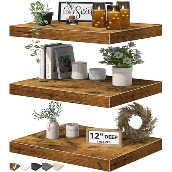 12" Deep Floating Shelves for Wall - 12 x 16 inch Book Shelf Bathroom Bedroom Kitchen Living Room Hanging Bookshelf Farmhouse Set of 3, Brown (026-40BN3)