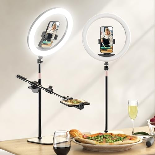 12" Desk Ring Light with Stand and Phone Holder, Overhead Phone Mount for Video Recording, Zoom Meeting, Live Streaming, Tiktok, YouTube,Compatible with iPhone, Android, Cameras