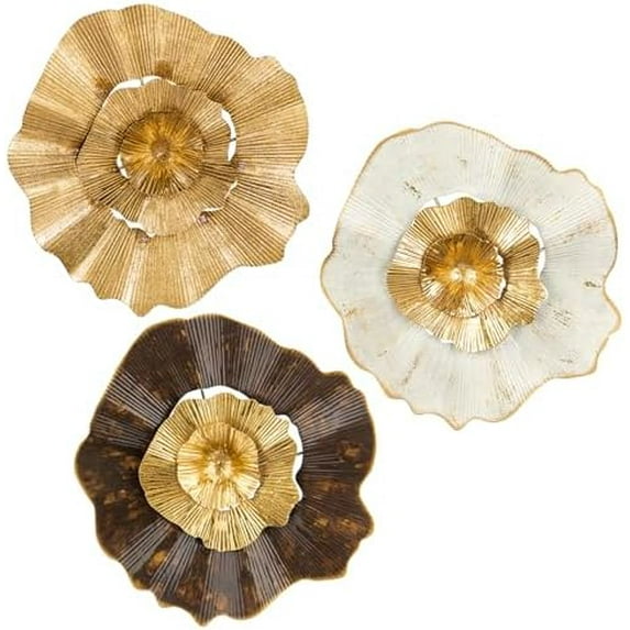 12" Gold Wall Décor Pack of 3 Metal Flower Plate Wall Art Modern Accent Hanging Wall Decorations For Home Office Bedroom Or Living Room Wall Sculptures
