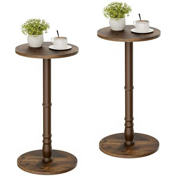 12" Round Side Tables Set of 2, Solid Wood Pillar with Wood Top & Base, Small Drink Accent Table for Living Room, Bedroom, Sofa & Office, Easy Assembly, Rustic Brown