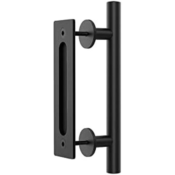 12"Sliding Barn Door Handles Hardware with Flush Finger Pull Double-Sided Design, Pull and Flush Barn Door Handle Kit, Solid Steel Material, for Gate/Garages/Cabinet (1, Black)