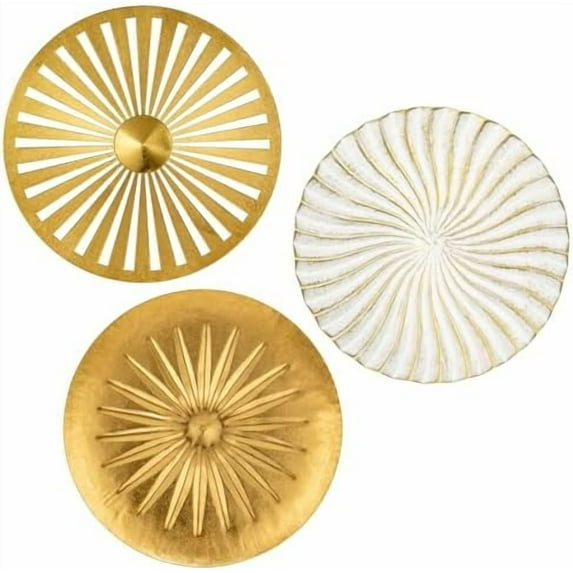 12" Wall Décor Pack of 3 Metal Gold & White Washed Starbursts Radial Plate Wall Art Modern Accent Hanging Wall Decorations For Home Office Bedroom Or Living Room Wall Sculptures