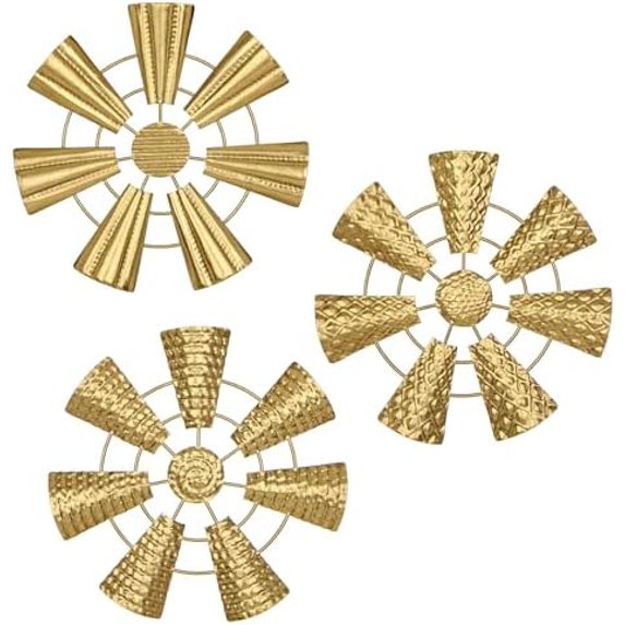 12" Wall Décor Pack of 3 Metal Gold Windmill Radial Plate Wall Art Modern Accent Hanging Wall Decorations For Home Office Living Room Wall Sculptures