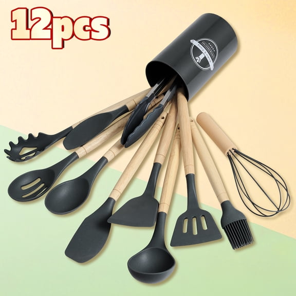 12/34pcs Silicone Kitchen Gadgets Set | Wooden Handle Heat Resistant Cooking Utensils, Spatulas, Spoon, Turner Tongs, Brush | Ideal for Restaurant and Business Use, Best Christmas Gift