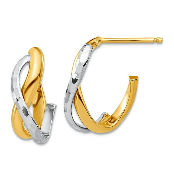 14k Solid Gold Two-tone Polished and Sparkle-Cut J-hoop Post Earrings 16.67x12.39mm Wide Hoop Earring for Women