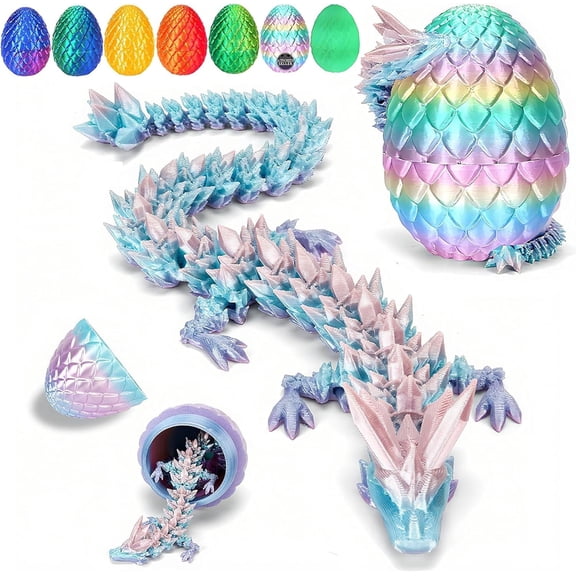 12" 3D Printed Crystal Dragon with Dragon Egg - Articulated Jointed Dragon Sculpture - Large Mythical Creature Figurine, Fantasy Room Decor, Stress Relief Toys