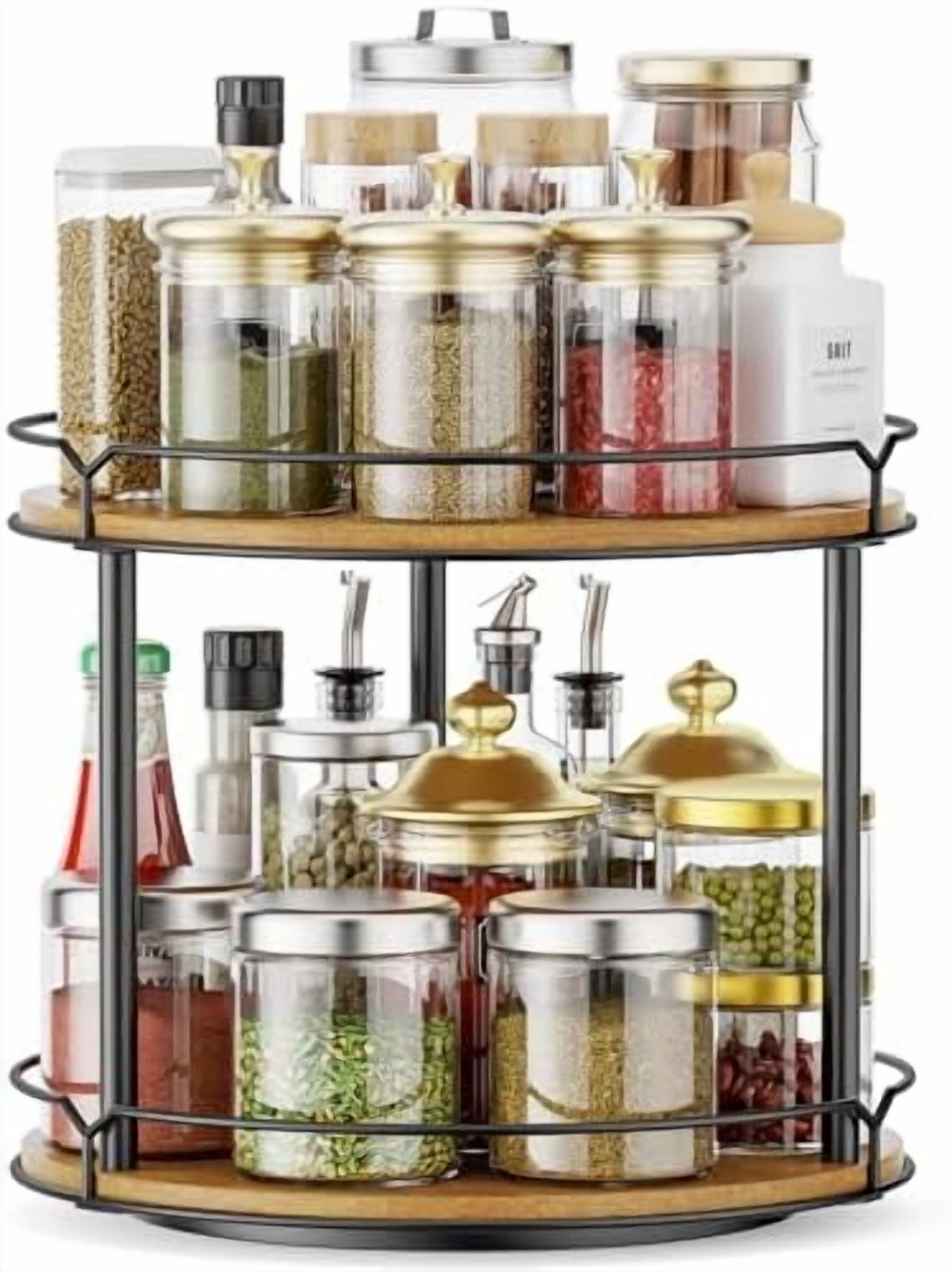 12.4" Lazy Susan Organizer 2 Tier - Rotating Spice Rack, Wooden ...