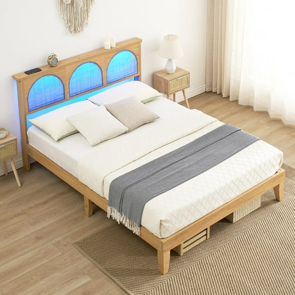 12.4 Inch Deluxe Solid Wood Queen Size Bed Frame with LED Lights & Curved Rattan Headboard & Wooden Support Legs, Modern Platform Bed Frame, No Box Spring Needed, Easy Assembly