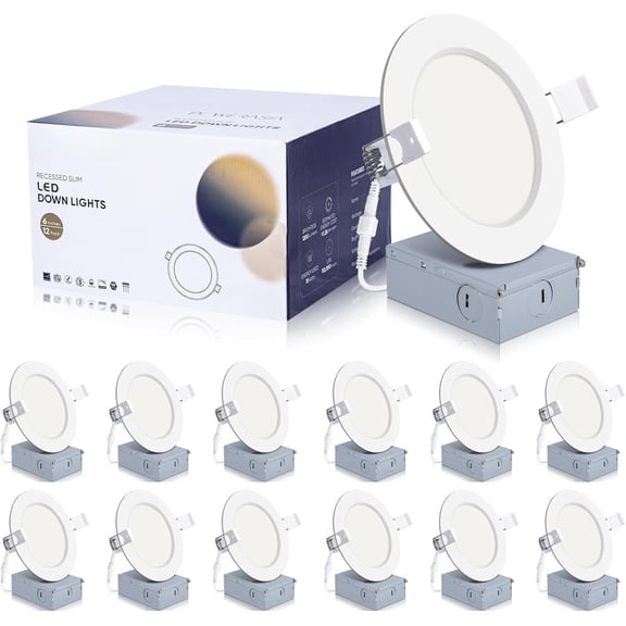 12 4 Inch -Thin Recessed Ceiling Light with Junction Box, Recessed Lighting 4 Inch 5000K Dimmable Daylight, 9W 110W Eqv, 850LM High Brightness - ETL and Energy