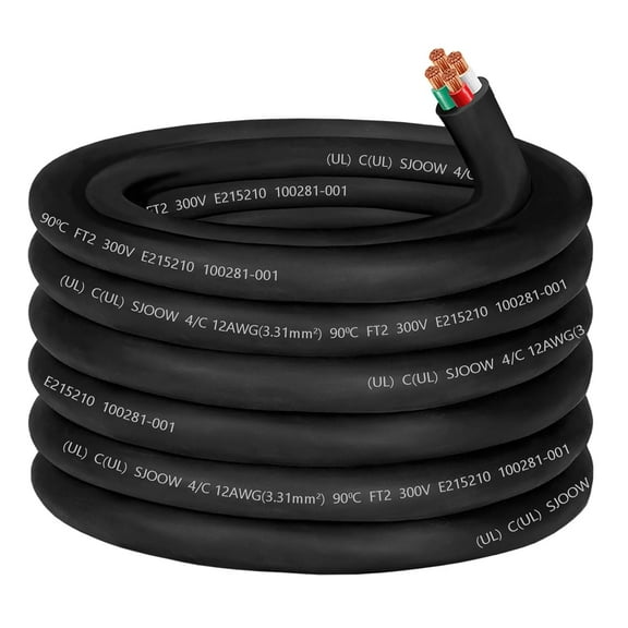 12/4 Wire 12 Gauge SJOOW Wire 12AWG SJOOW Cable Cord Portable Power Cable 12 Gauge 4 Conductor Cord for 20 AMP EV Battery Charger,Portable Light LED,RV Outlet Lead,Garage,Powering Tool Machinery-50ft