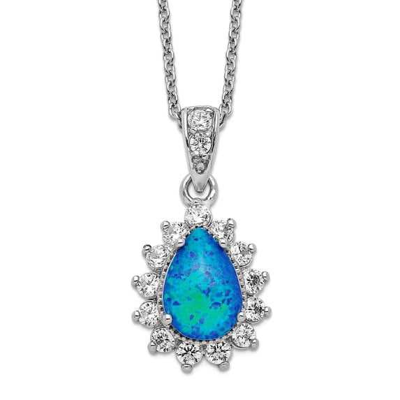 12.46mm 925 Sterling Silver Cubic Zirconia Lab Simulated Blue Opal Necklace 18.5 Inch Pendant Necklace for Women