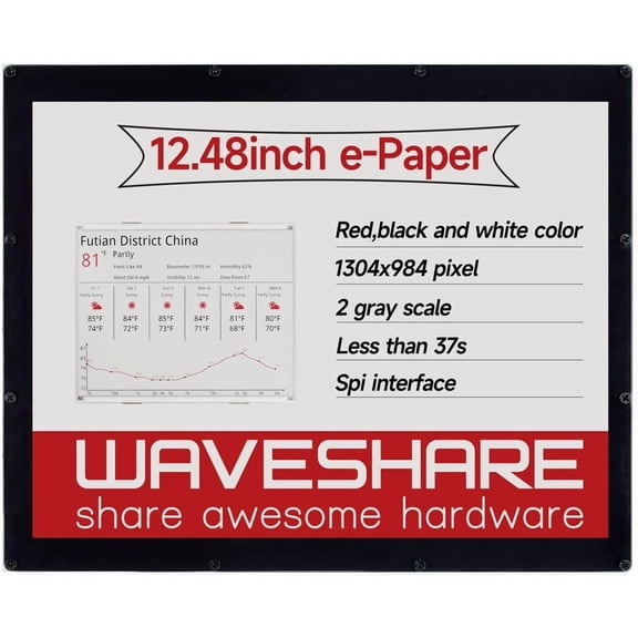 12.48inch e-Paper, Red/Black/White Three-Color, 1304984 Resolution, E-Ink Display Module, SPI Interface, with Embedded Controller