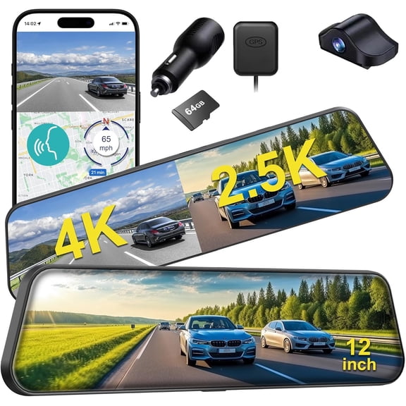 12'' 4K Rear View Mirror Camera,4K+2.5k Front and Rear Mirror  Cam,ADAS BSD LCA  Rearview Mirror for ,App WiFi,Night Vision, Parking , 64GB Card & GPS Digital View Mirror Dashcam