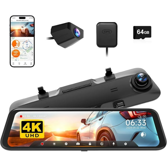 12" 4K Rear View Mirror Camera with 5.8GHz WiFi and Voice Control, Smart Mirror Dash Cam Front and Rear, Backup Camera with 1080P Rear Camera, Dash Cam with WDR, Includes 64 GB Card & GPS
