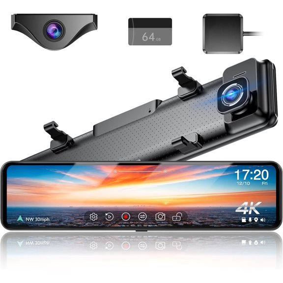 12" 4K UHD Mirror Dash Cam Front and Rear with Zoom Backup Camera, 2160P Dual Rear View Mirror Camera for & , 64GB Card Included, GPS, WDR, Super Night Vision, Parking Assist & G-Sensor